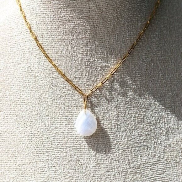 Rainbow Moonstone Pendant Necklace on Gold Paperclip Chain Waterproof Jewelry - Picture 5 of 9